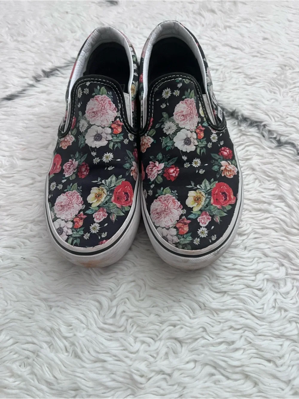 Vans Women’s Floral Slip-On Sneakers - Black with Pink & Red Flowers